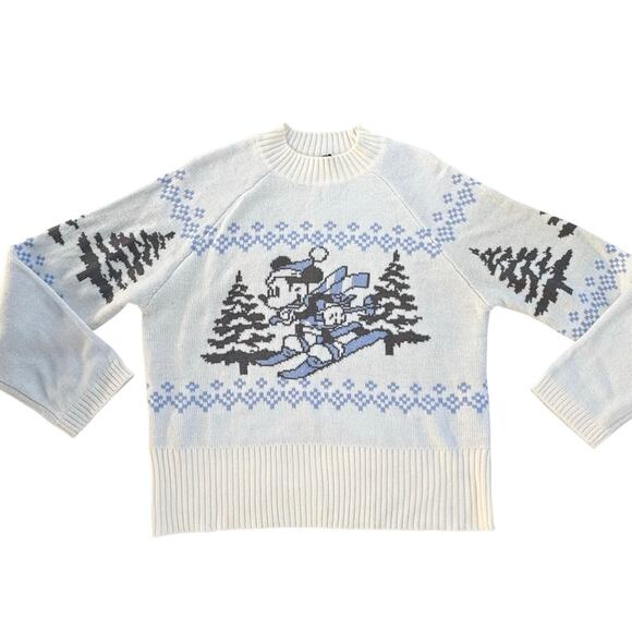 H&M x Disney Women’s Jacquard-Knit Sweater Mickey Mouse Skiing Sz Medium - Picture 1 of 7